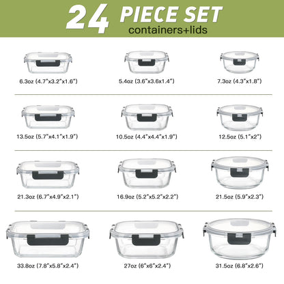 BAYZZ 24 Piece Glass Food Storage Containers with Lids, Airtight Glass Meal Prep Containers for Kitchen, BPA-Free Lunch Box, Microwave and Freezer Safe