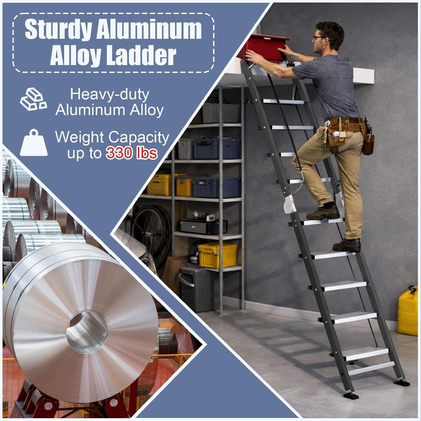 Foldable Aluminum Loft Stairs Ladder 8.5ft / 9ft / 9.5ft / 10.5ft / 11.5ft, Heavy Duty Bunk Bed ladders with Handrails ＆ Hooks, 10 Step Attic Ladder for Small Opening, Load 330 lbs