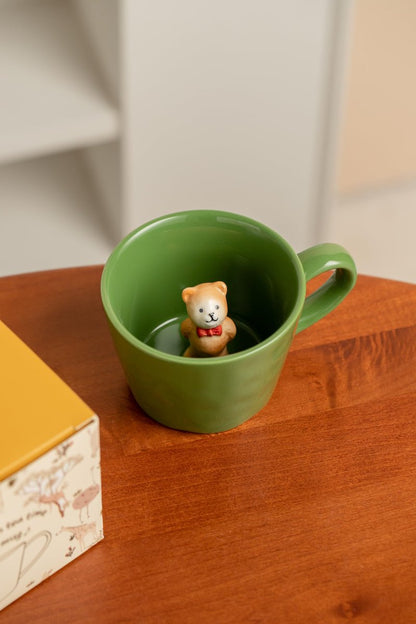 DIHOclub Bow Tie Bear Coffee Cup Hidden Ceramic Animal Inside Mug,Cute Cartoon Handmade Figurine Mugs,Holiday and Birthday Gift for Coffee Milk Tea Lovers,12 Oz(Green)