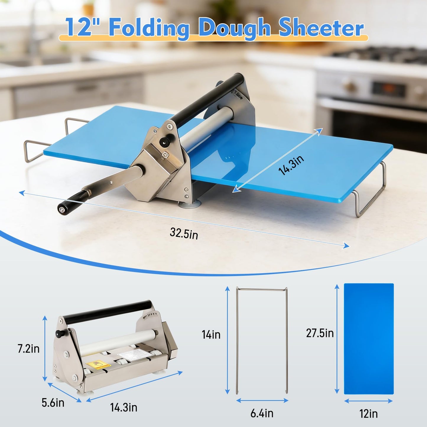 12" Folding Manual Dough Sheeter with 2 Rolling Boards, Adjustable Thickness Dough Rolling Machine, Compact Stainless Steel Dough Sheeter for Pizza, Pastry, Pasta, Fondant, Cookie Dough & Home Baking