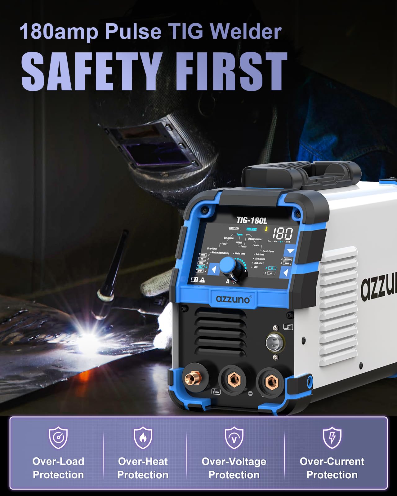 AZZUNO Cold TIG Welder With Pulse 180Amp Large LED Display, 5-in-1 DC HF TIG/PULSE TIG/COLD/SPOT TIG/STICK, 110V&220V Dual Voltage TIG Welding Machine