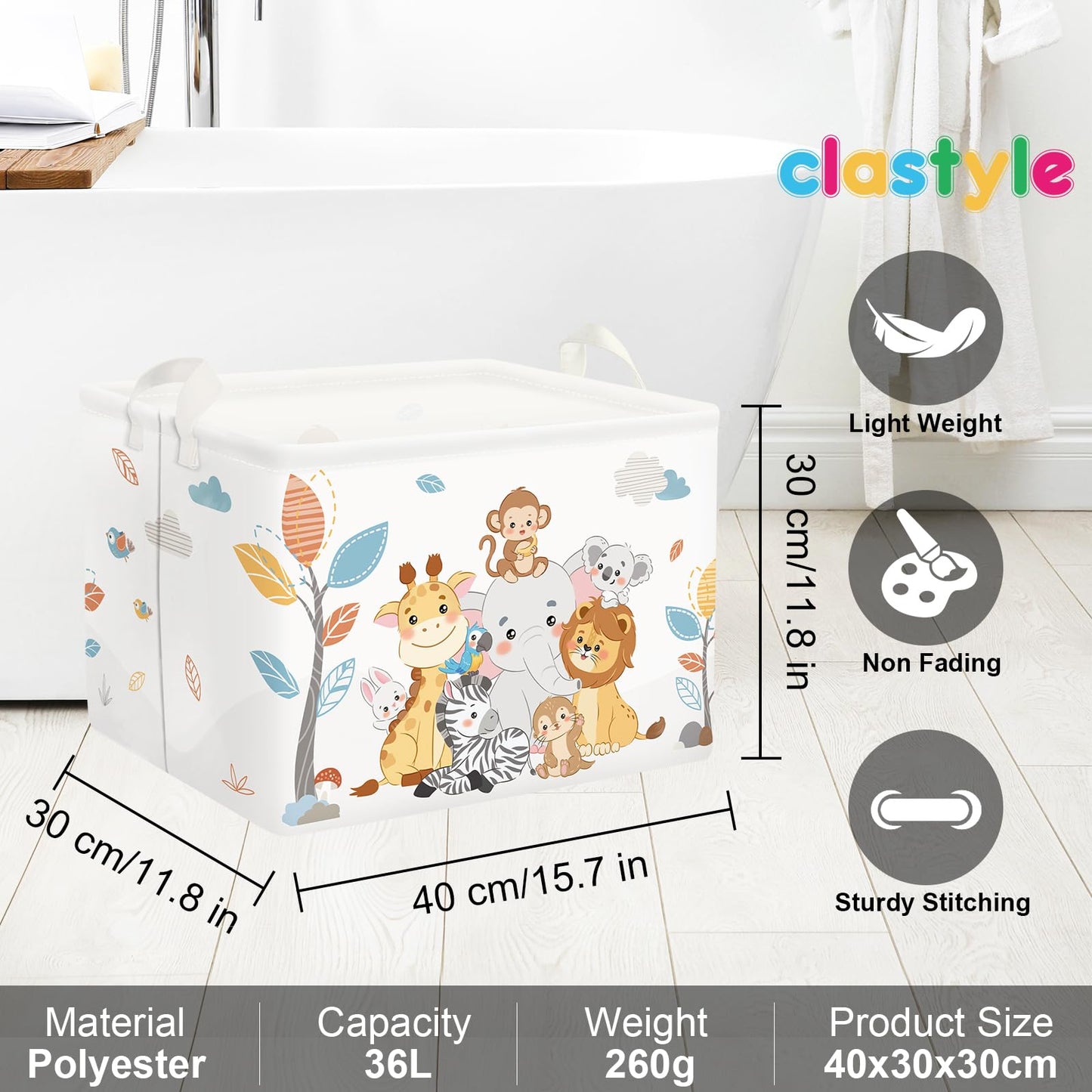 Clastyle Simple Animals Baby Laundry Hamper Kid Storage Basket Boys Girls Gift Toy Box Collapsible Clothes Organizer Nursery Bin for Bedroom,Elephant Giraffe,40 * 30 * 30 cm