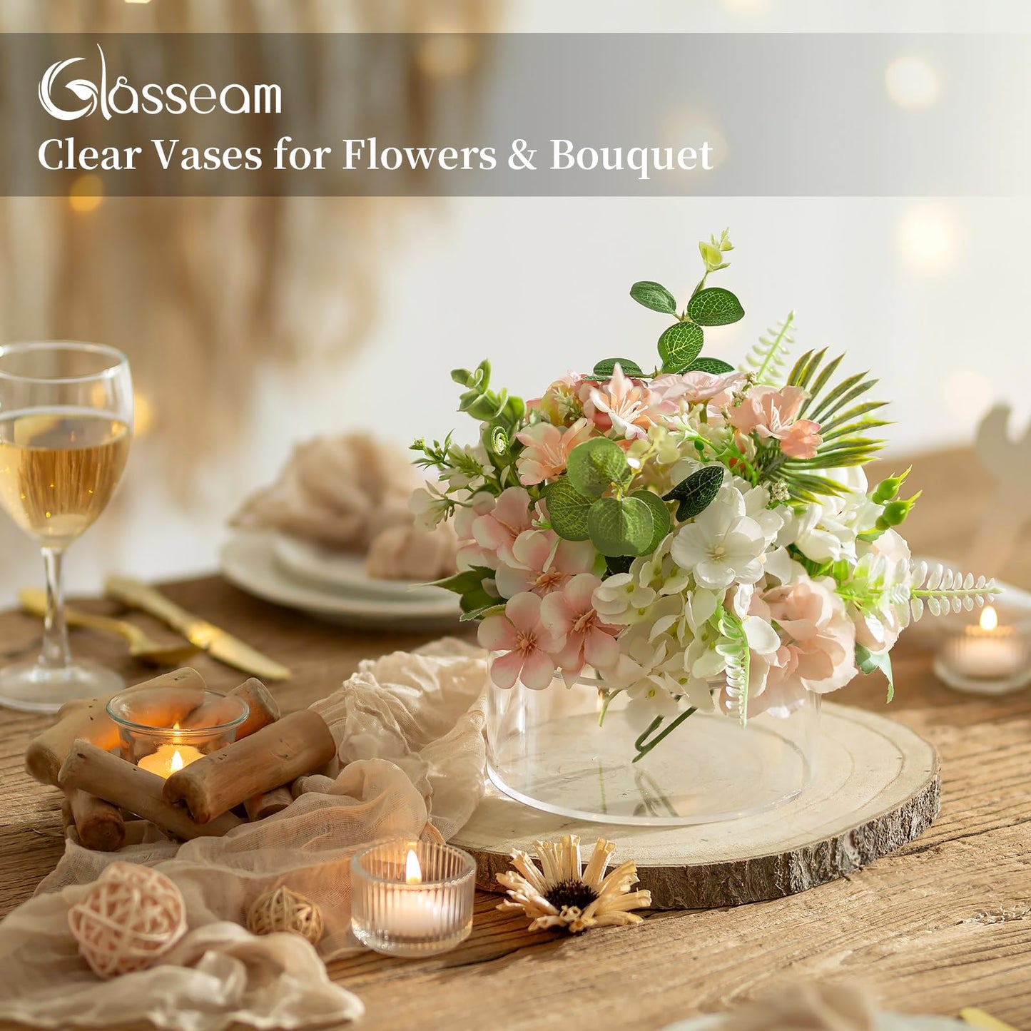 Glasseam Acrylic Flower Vase for Centerpieces: Set of 6 Wedding Party Dining Room Table Decorations, Cylinder Round Clear Vases with 13 Holes (5.9in)