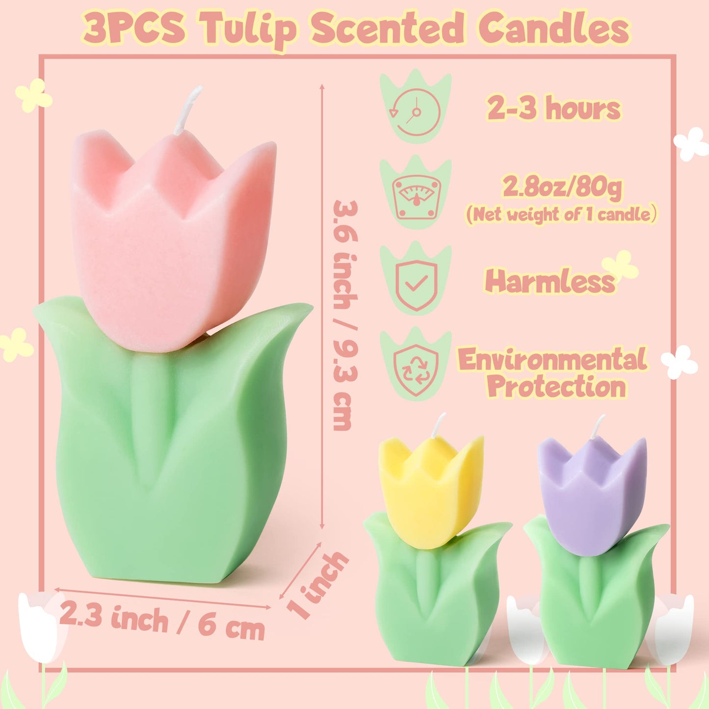 COcnny 3pcs Tulip Candle Decor, Tulip Shaped Scented Candles Decorations, Flower Aesthetic Paraffin Soy Wax Aromatherapy Candle Gift for Home Bedroom Birthday Wedding Spring Easter Party