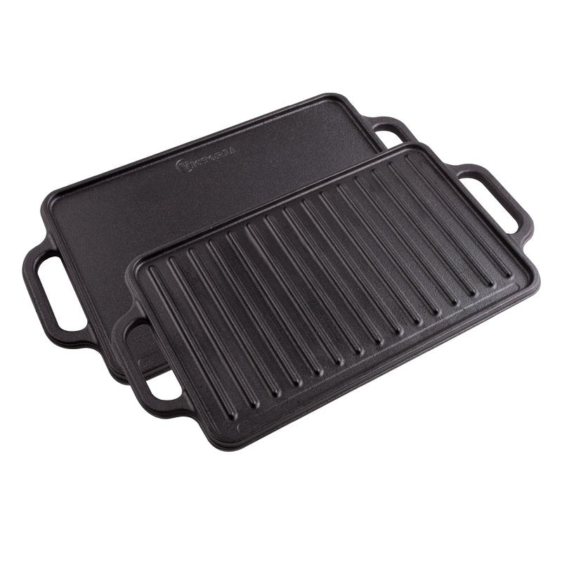 Victoria Rectangular Cast Iron Griddle. Double Burner Griddle, Reversible Grill, 13 x 8.5 Inch, Seasoned with 100% Kosher Certified Non-GMO Flaxseed Oil, Model: GDL-189