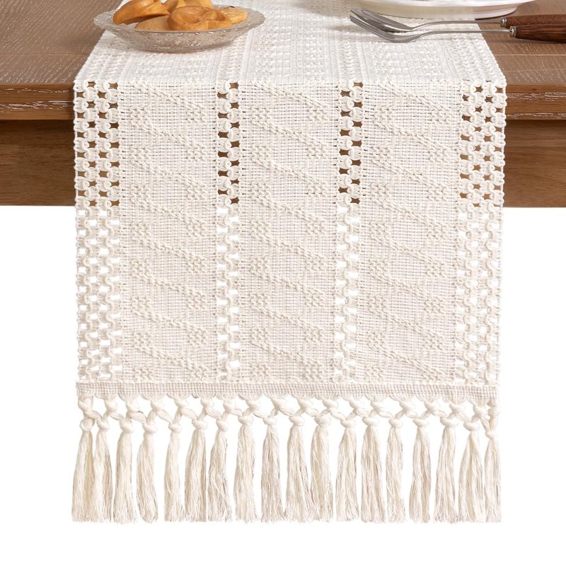 Socomi Boho Table Runner Macrame Long Summer Farmhouse Woven Cotton Linen Rustic Coffee Table Runner with Tassels for Dresser Scarf Home Decor Dining Room 12x108 inch Cream Ivory