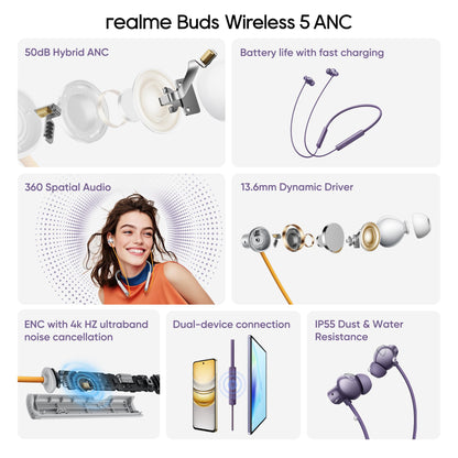 realme Buds Wireless 5 ANC in Ear Bluetooth Headphones, 50dB ANC, 13.6mm Dynamic Bass Driver, 360° Spatial Audio, 45ms Low Latency, Upto 38hrs Playback, IP55 Rating, Dual Device Connection - (Purple)