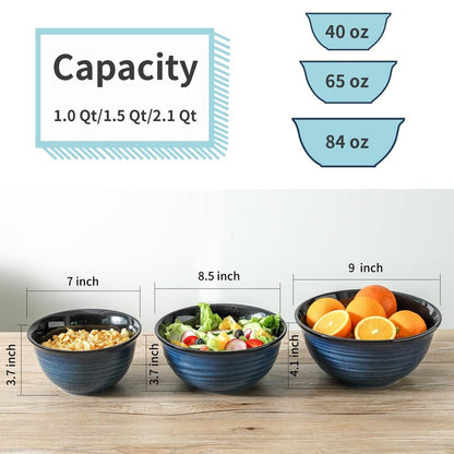 Tikooere Ceramic Mixing Bowls,Large Serving Bowls 2.1/1.5/1.0 Qt,Salad Bowls Set of 3 for Kitchen Space Saving Storage,Nesting Bowls for Popcorn,Soup,Fruit, Microwave & Dishwasher Safe,Navy Blue