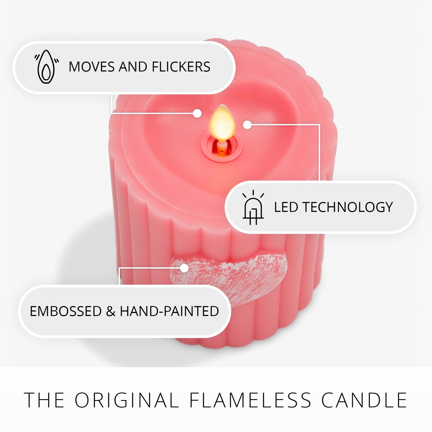 Luminara Flickering Flameless 3.7" x 4.5" Pillar Candle, Battery Operated Remote Ready (Sold Separately) & Timer Function, LED Light, Ribbed Real Pink Wax w/Embossed Heart Design for Valentine's Day
