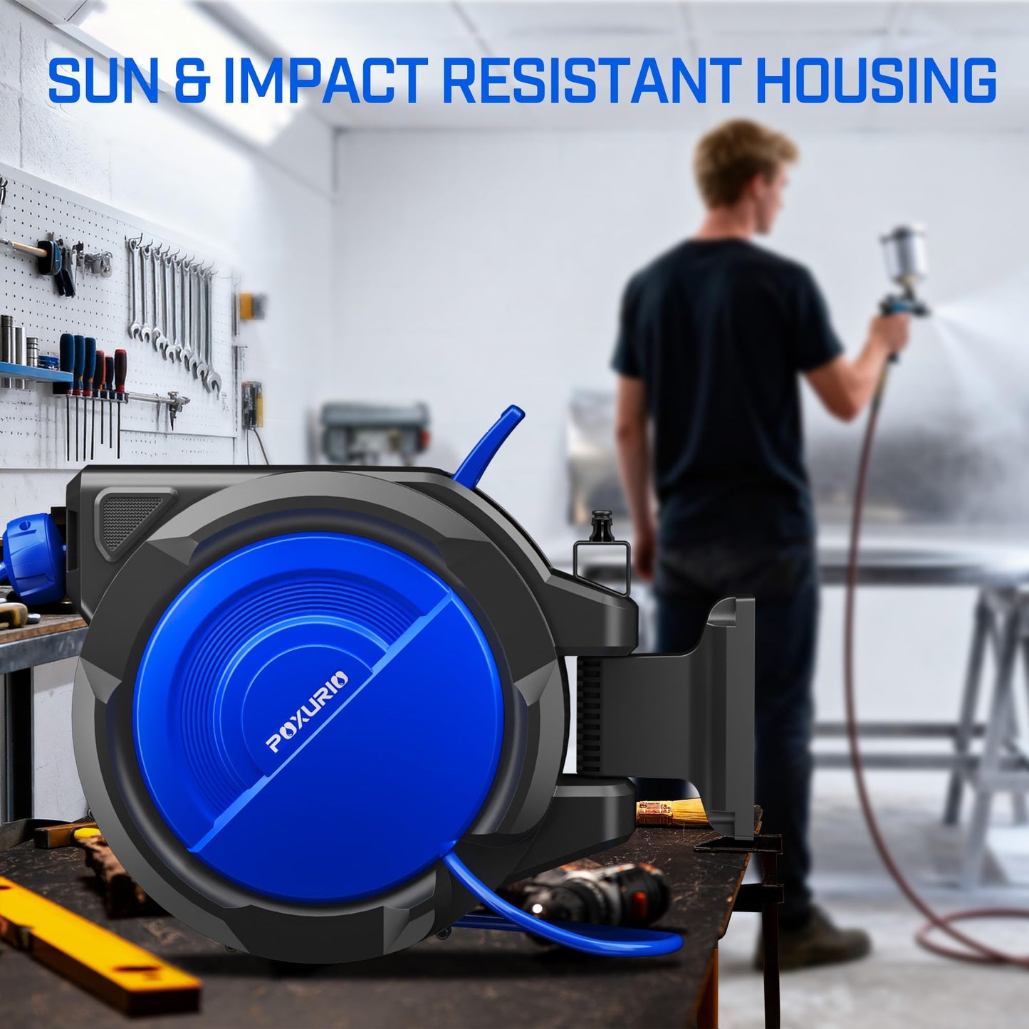 POXURIO 120FT+6.5FT Retractable Air Hose Reel, 5/16" Hybrid Air Hose, Air Compressor Hose Reel with Max 300 PSI Patented Design, Retractable Auto-Rewind Enclosed Heavy Duty 180° Swivel Mount