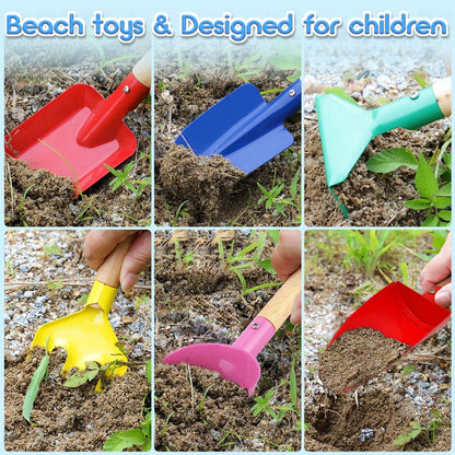 UMUACCAN Beach Toys for Kids,Beach Sand Toys, 8'' Metal Sandbox Toys with Sturdy Wooden Handle,Safe Beach Gardening Set,Spoon, Fork, Trowel, Rake & Shovel for Kids，Snow Shovel（6 pcs）