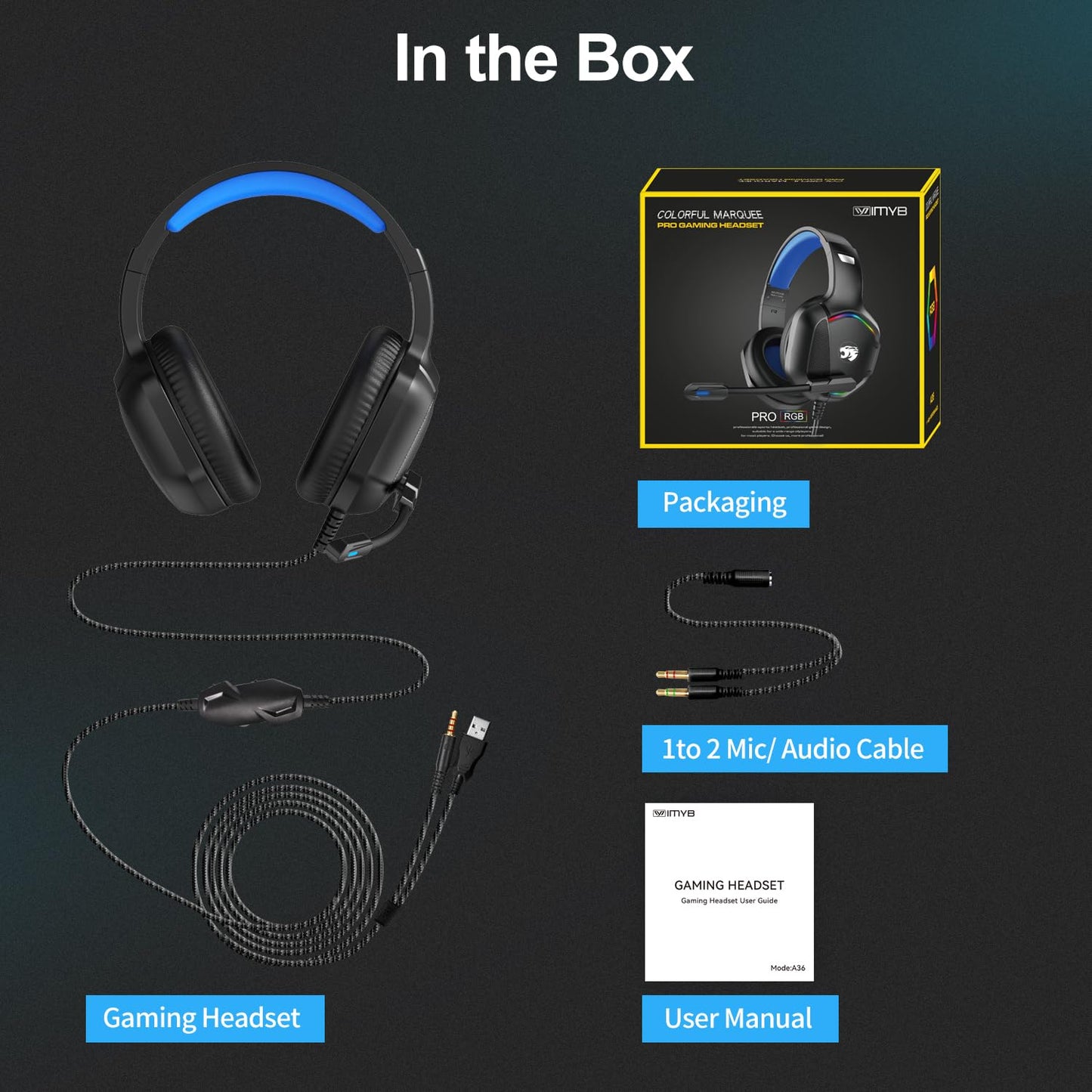 Gaming Headset with Microphone for Pc, Xbox One Series X/s, Ps4, Ps5, Switch, Stereo Wired Noise Cancelling Over-Ear Headphones with Mic, RGB, for Computer, Laptop, Mac, Nintendo (Blue)