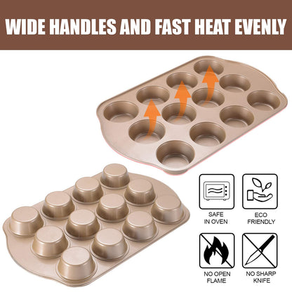 JOHO BAKING Nonstick Muffin & Cupcake Pan Set (2 Pack) - 12 Cup Regular + 24 Cup Mini Muffin Tins | Heavy Duty Gold Carbon Steel, Rust-Resistant, Easy Release