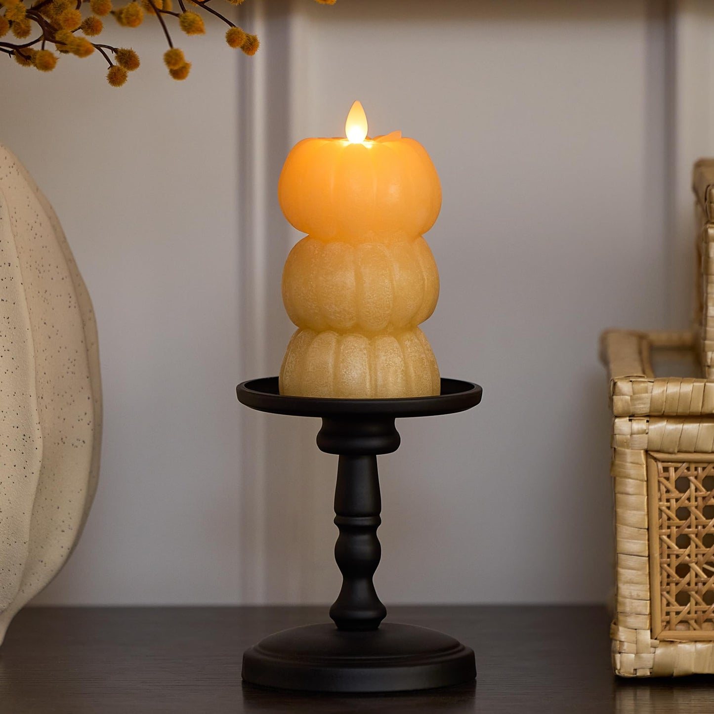Luminara Chalky Stacked Pumpkins Figural Flameless Flickering Moving Flame LED Candle (3.1" x 6"), Chalky Finish Real Unscented Wax, Time Function (Golden Husk)