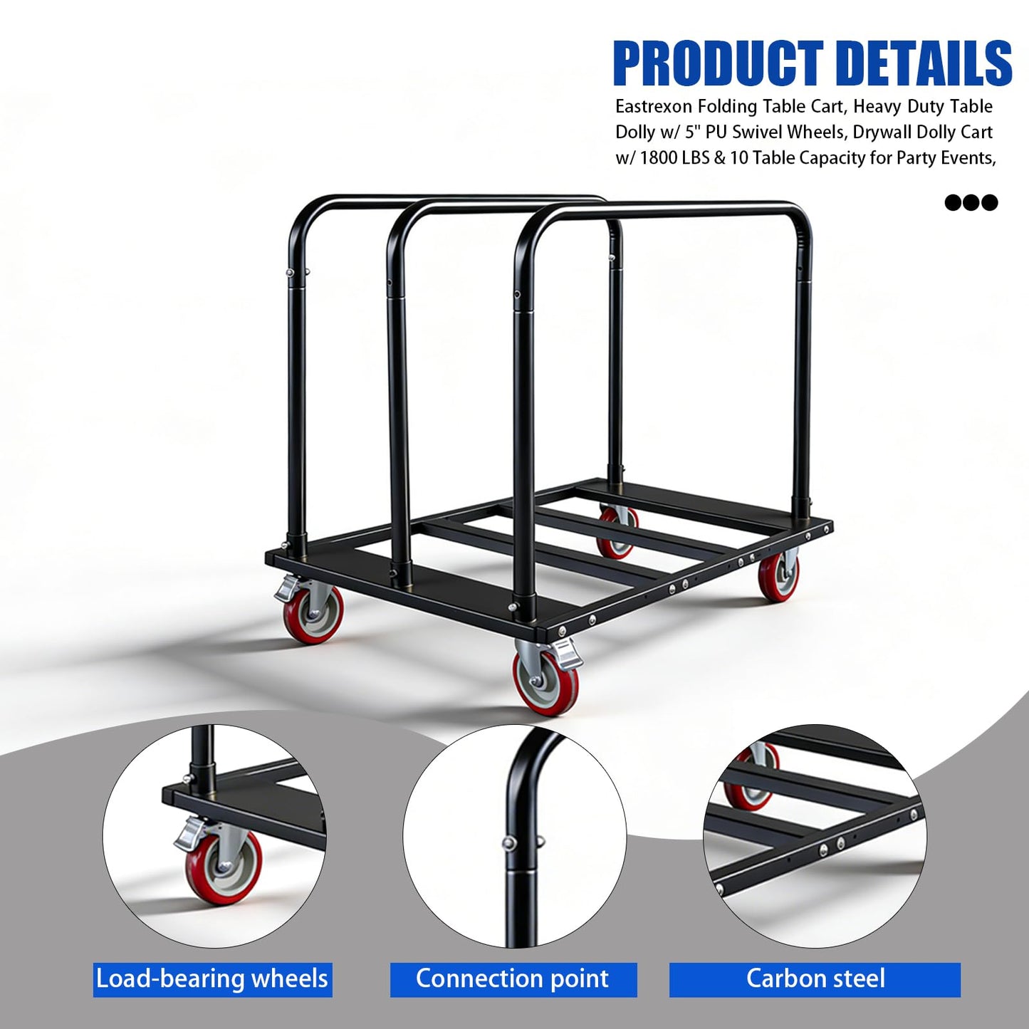 Folding Table Cart, Heavy Duty Table Dolly with 5" PU Swivel Wheels, 1800 LBS Capacity Drywall Trolley, 10 Table Load for Party Events, Hotel, Warehouse, Factory, Moving Panels, Drywall, Boxes
