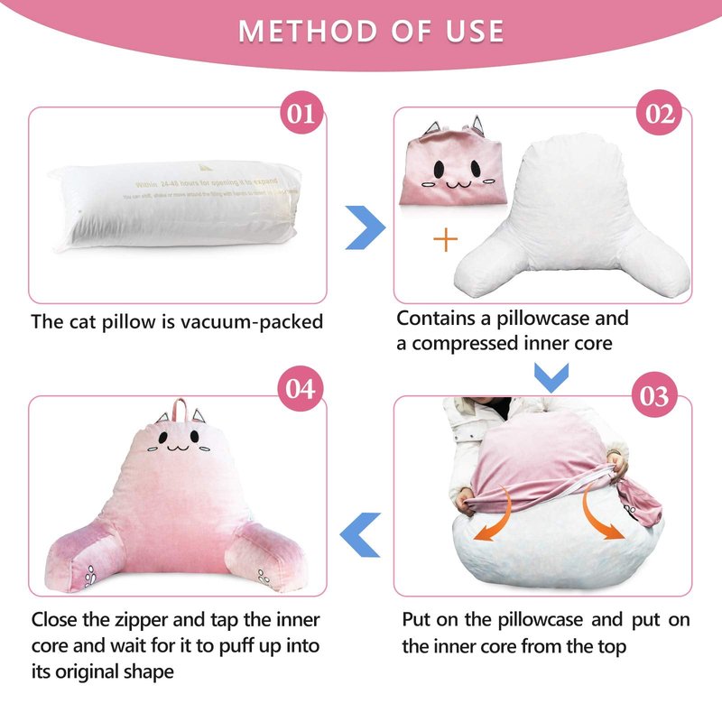 SUNSIDE Kitty Reading Pillow,Detachable Back with Arms for Sitting Up Bed
