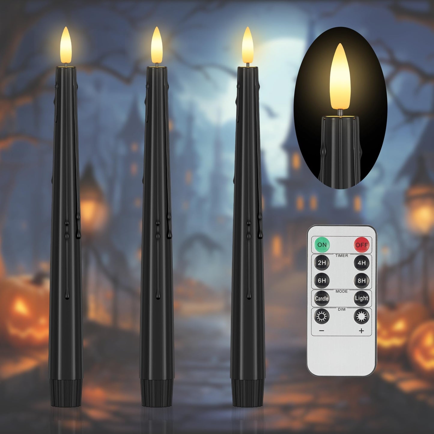 SHENSY 3 Pack Halloween Black Flameless Taper Candles –Drip Real Wax Battery Operated LED Candlesticks with 3D Flickering Flame, Remote & Timer – Haunted Decor for Spooky Tables & Windows