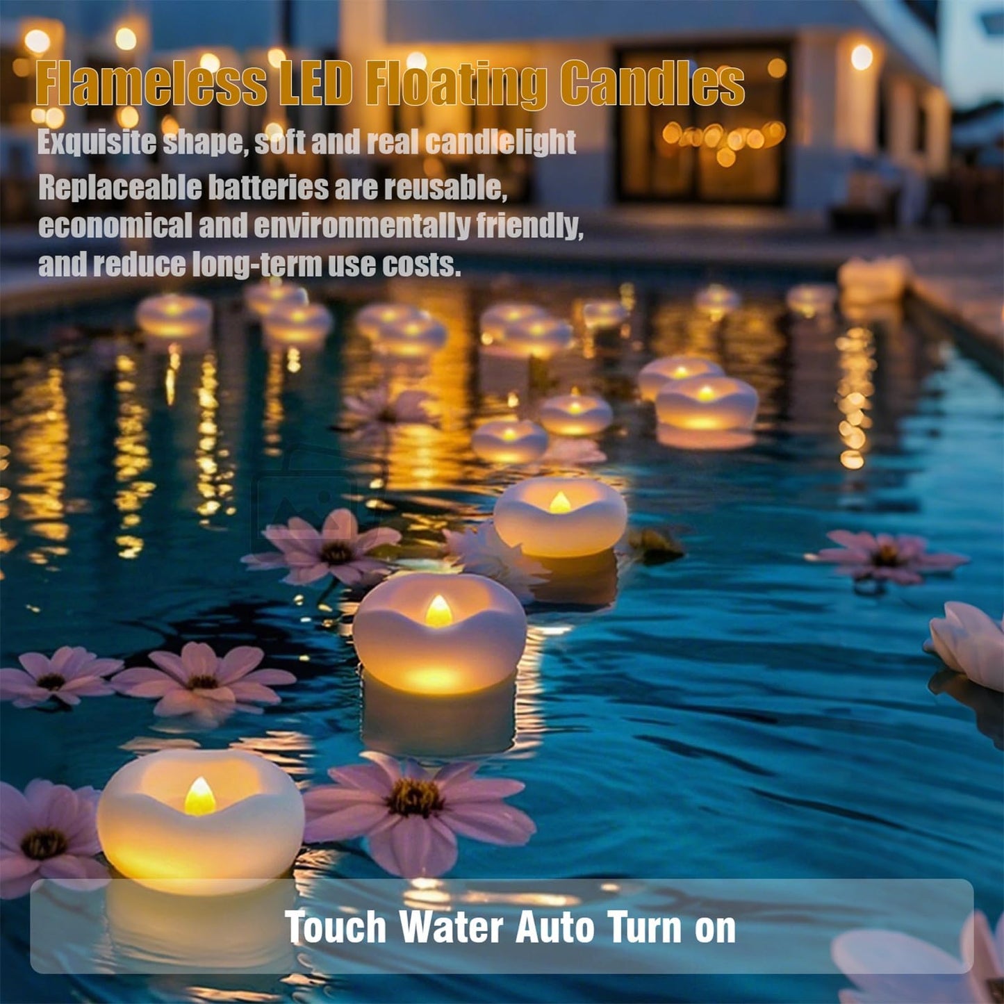 Eynshoo 24 Pack Floating Candles,3-Inch Waterproof LED Tea Lights–Realistic Flickering Flame,160-Hour Battery, Flameless&Safe, Auto On/Off for Centerpieces,Pool, Weddings,Halloween, Parties