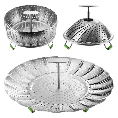 Flexzion Vegetable Steamer Basket for Pot - Stainless Steel Steaming Basket for Veggie, Fish, Meats, Eggs - Extendable Expandable Foldable Steam Basket w/Handle for Various Pot Size, 7 to 11 Inch