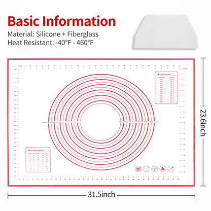 Silicone Baking Mat Super Large, 32x24 inch Silicone Pastry Non Stick Kneading Mat with Cable Ties and Dough Scraper, Measurement Food Grade Silicone Mat for Rolling Dough