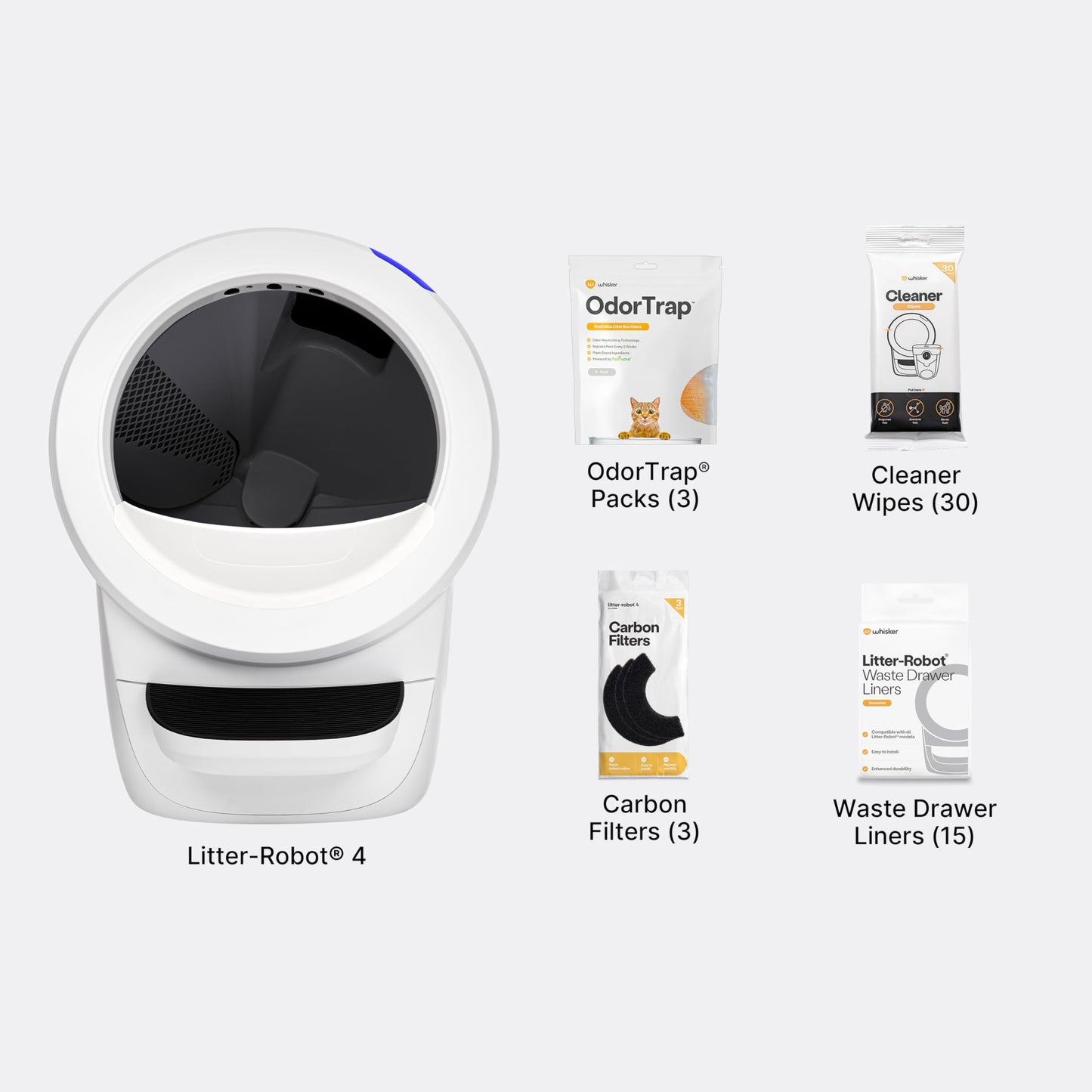 Whisker Litter-Robot 4 Supply Bundle, White - Automatic, Self-Cleaning Cat Litter Box, WiFi Enabled, Includes Litter-Robot 4, 3 OdorTrap Refills, 10 Liners, 30 Cleaner Wipes, & 2 Carbon Filters