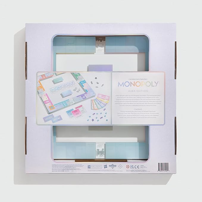 WS Game Company Monopoly Aura Edition Iridescent Tempered Glass Board Crystal-Clear Acrylic Houses Metallic Tokens Foil Cards &amp Tray Family Board Games for 2-6 Players Ages 8+