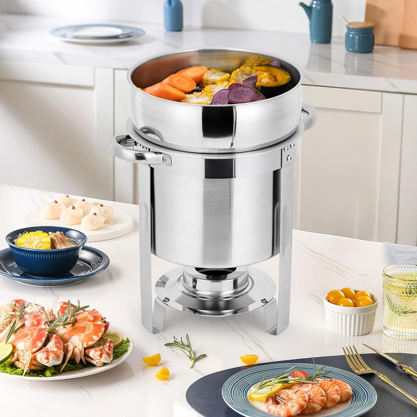 Commercial 11QT Soup Chafer Set, 2 Pack Stainless Steel Round Food Warmers Set with Pot, Notched Lids & Fuel Containers, Soup Warmers Ideal for Buffet Service & Event Catering