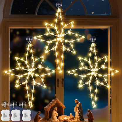 Hiboom Large 3 Pack Christmas Window Light Decorations, LED Bethlehem Christmas Star Window Silhouette Lights with Timer, 8 Models, Iron Frame, Battery Operated Lighted Xmas Star Decors(16 Inch)