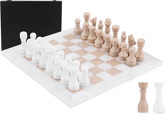 Marble Chess Set for Adults 15 Handmade White &amp Verona Board Game with 32 Chess Pieces 2 Extra Queens &amp Storage Box Luxury Travel Game – Elegant Home Décor