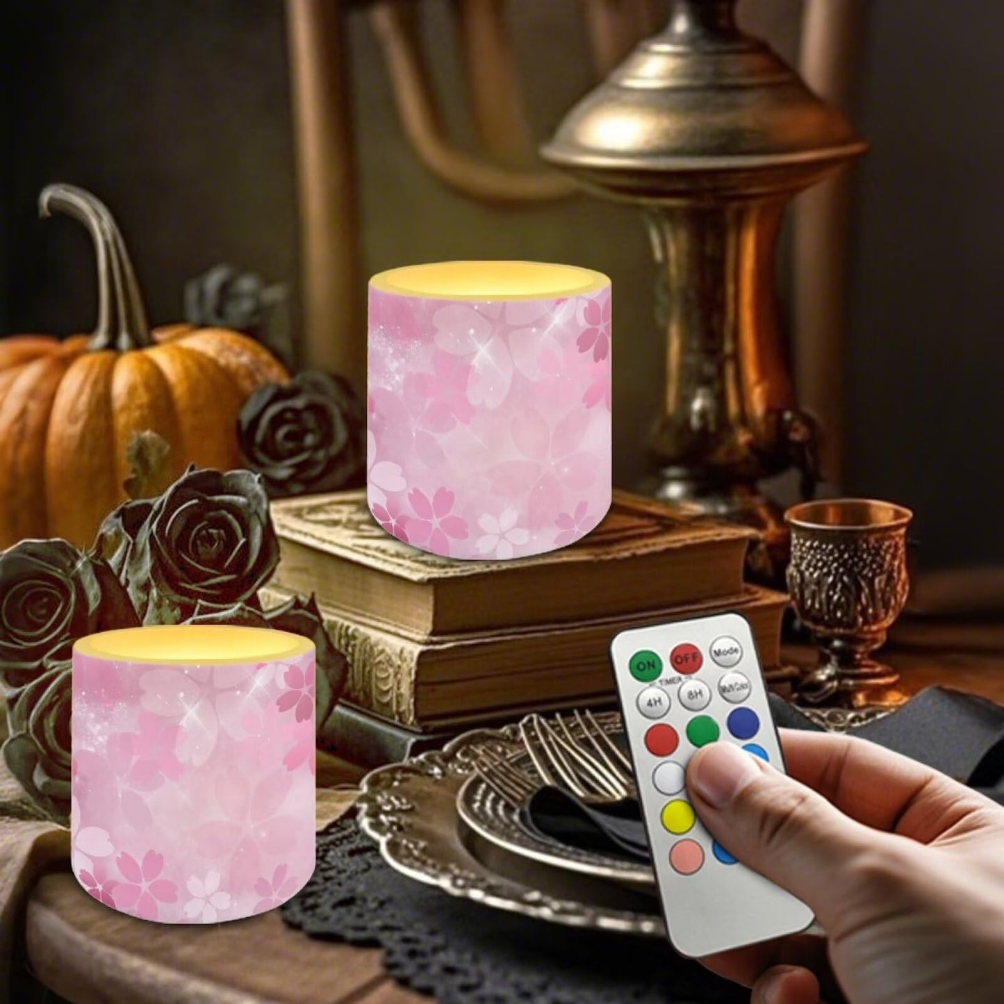 Cozeyat Pink Blossom Flameless Candles 4 Pack Battery Operated with Remote Control Timer LED Pillar Candles Waterproof for Indoor Outdoor Decor