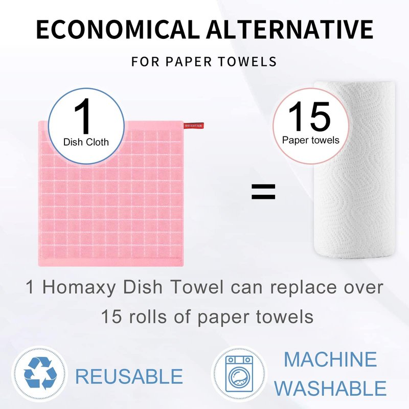 Homaxy 100% Cotton Terry Kitchen Dish Cloths, Ultra Soft and Absorbent Dish Towels for Kitchen, Suitable for Drying and Washing Dishes, 18 Pack, 12 x 12 Inches, Pink