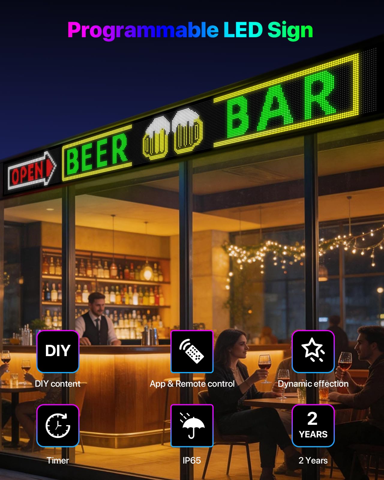 EZYEVY 39" x 11" Programmable LED Sign - Flexible Custom LED Sign for Storefront, Seamless Stick-on Dual-Row Scrolling Digtal Board with Text/Animations, Video Display, App & Remote Control, IP65 Waterproof