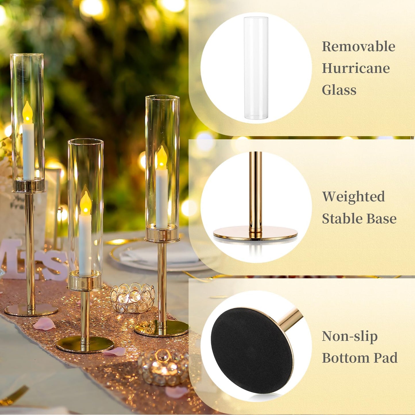 Hewory Gold Candle Holders Hurricane Candlestick Holders, 6Pcs Candle Stick Candle Holder Candelabra, Taper Candle Holders with Glass Candle Cover for Wedding Table Centerpiece Christmas Decor