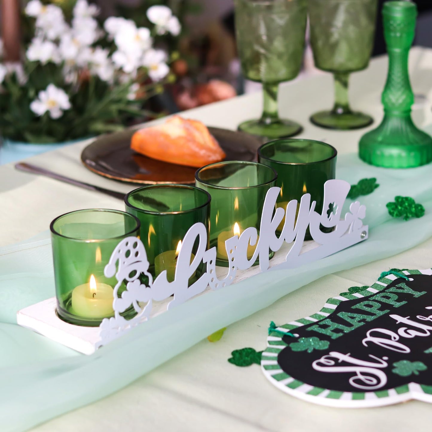 SYFURNIX St Patricks Votive Candle Holder Set, Includes 4 Glass Tealight Holders & 1 Wooden Candle Tray, Green & White St. Patrick's Day Decorations for Table, Office & Indoor Decor