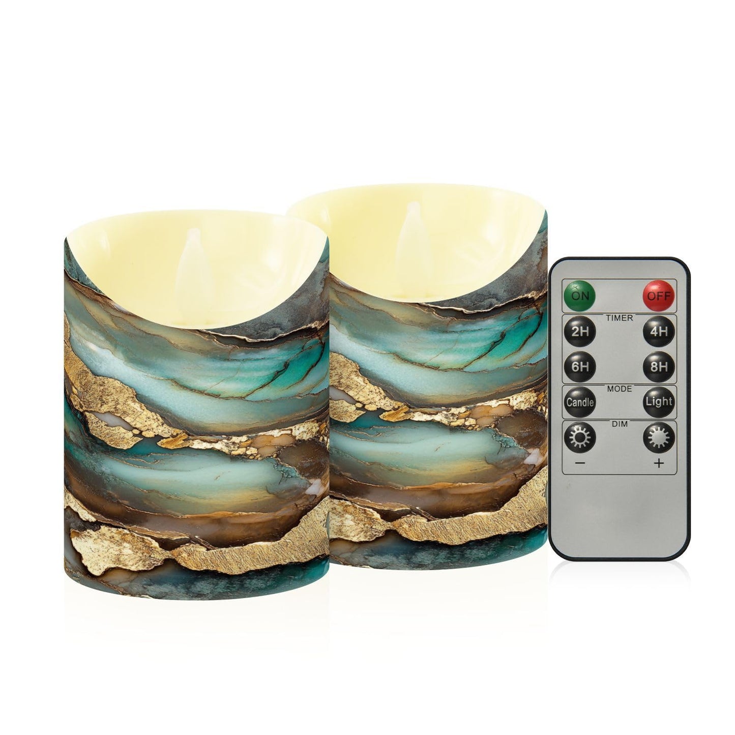 famyily Christmas Tabletop LED Candles Set of 2 Long Lasting Battery Operated Candles for Wedding Table Centerpieces 3.9x3in - Marble Brown Turquoise