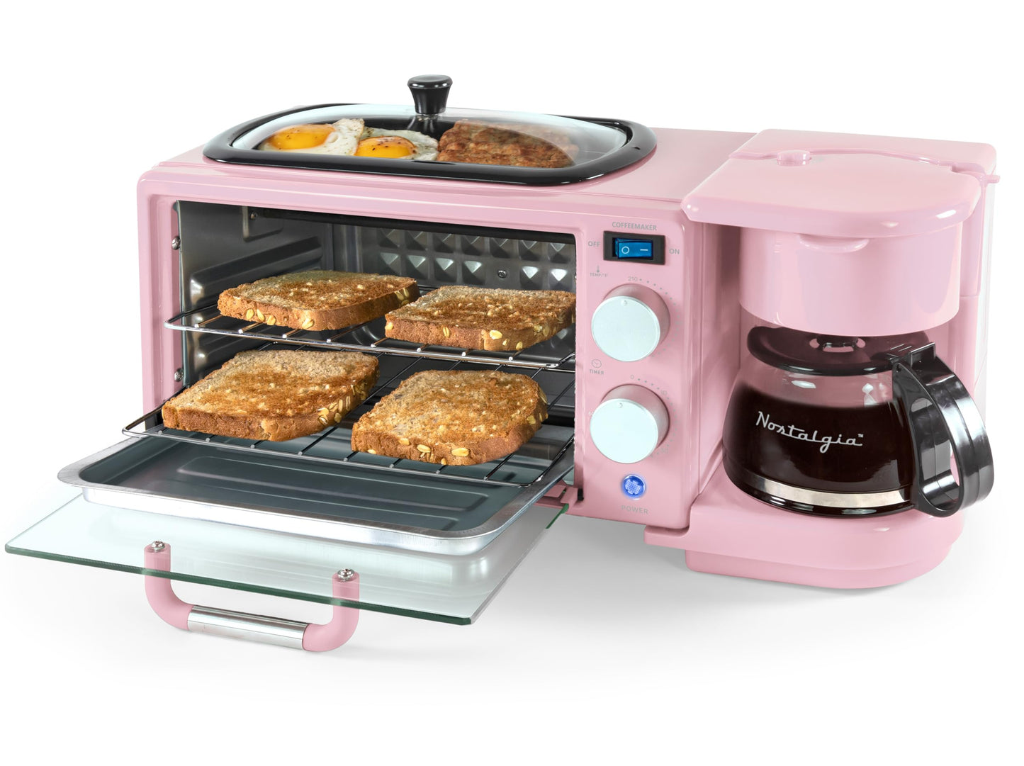Nostalgia 3-in-1 Breakfast Station - Includes Coffee Maker, Non-Stick Griddle, and 4-Slice Toaster Oven - Versatile Breakfast Maker with Timer - Aqua