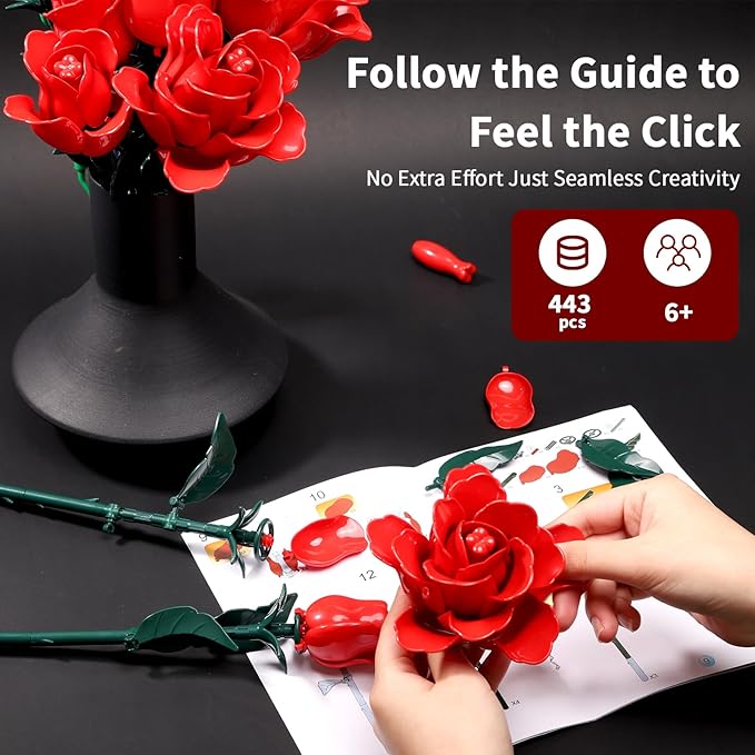 Red Rose Flower Bouquet Building Set Botanical Collection Kit Artificial Fake Flowers Blocks Home Table Decor Aesthetic for Valentine's Day Birthday DIY Craft Floral Gift Without Vase