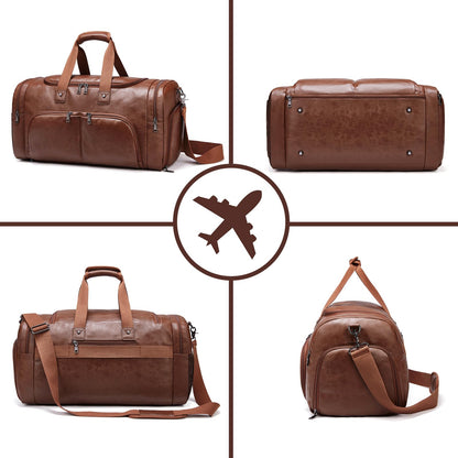 Leather Travel Duffle Bags for Men Women, Weekender Overnight Bag with Shoe Compartment Waterproof Carry on Duffle Bags for Airplanes Gym Sport Business Bag