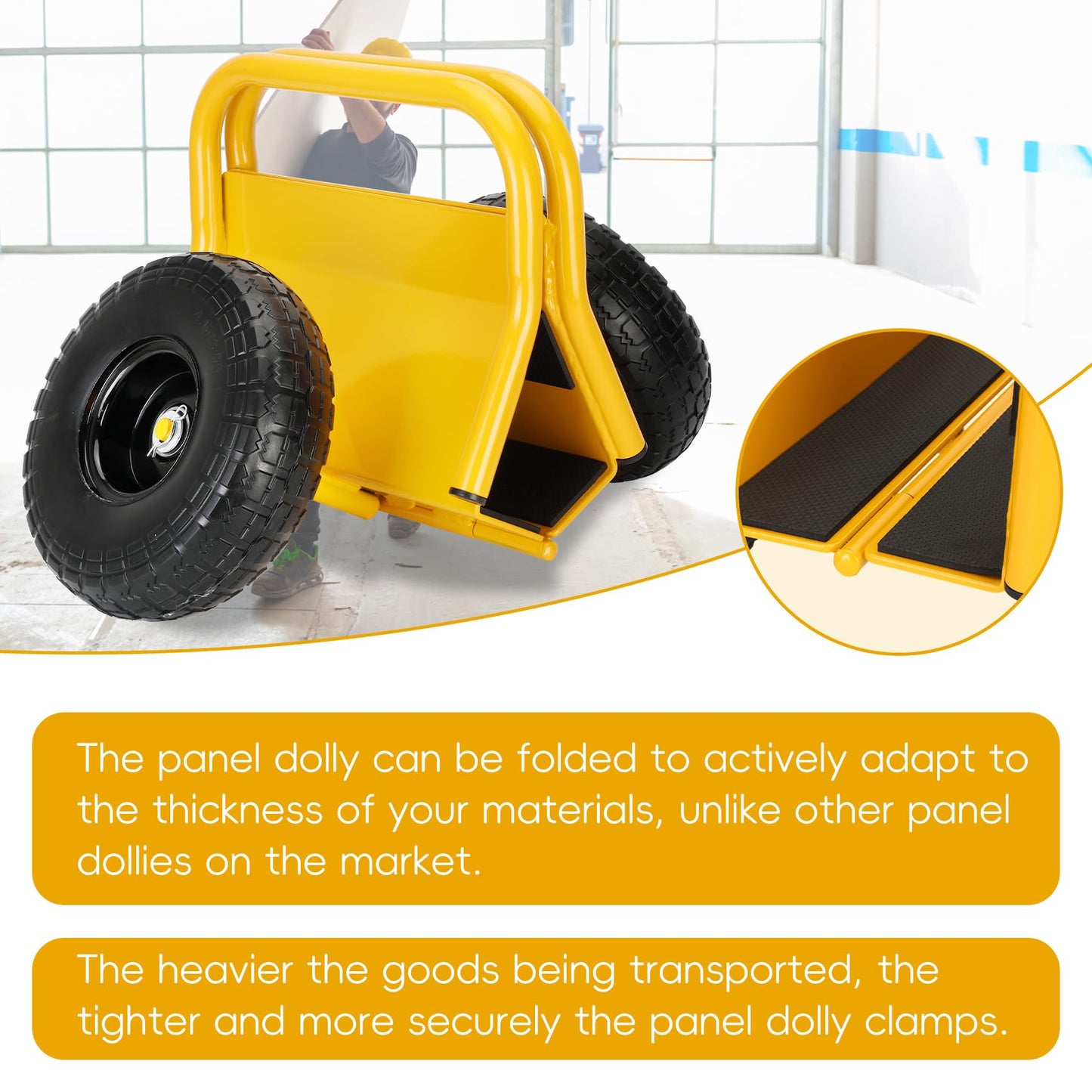 Heavy Duty Panel Dolly Slab Dolly Two Comfortable Handles 10 Inch Solid Rubber Tires Supports Up to 1000 Pounds All Terrain Movement Ideal for Heavy Drywall Sheets and Door Material Transport (Yellow)