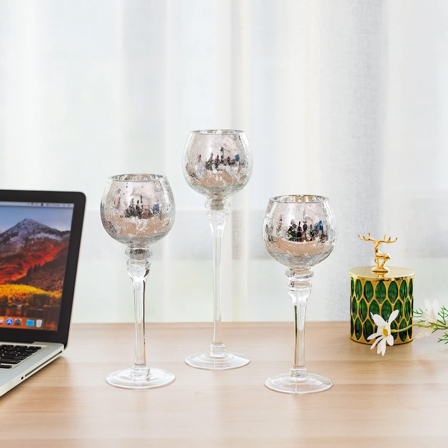 Inweder Glass Tealight Candle Holder: Silver Mercury Votive Holders 9/10/12 Inch Tall Long Setm Floating Candle Holders for Christmas Dining Table Centerpiece Wedding Party Set of 3