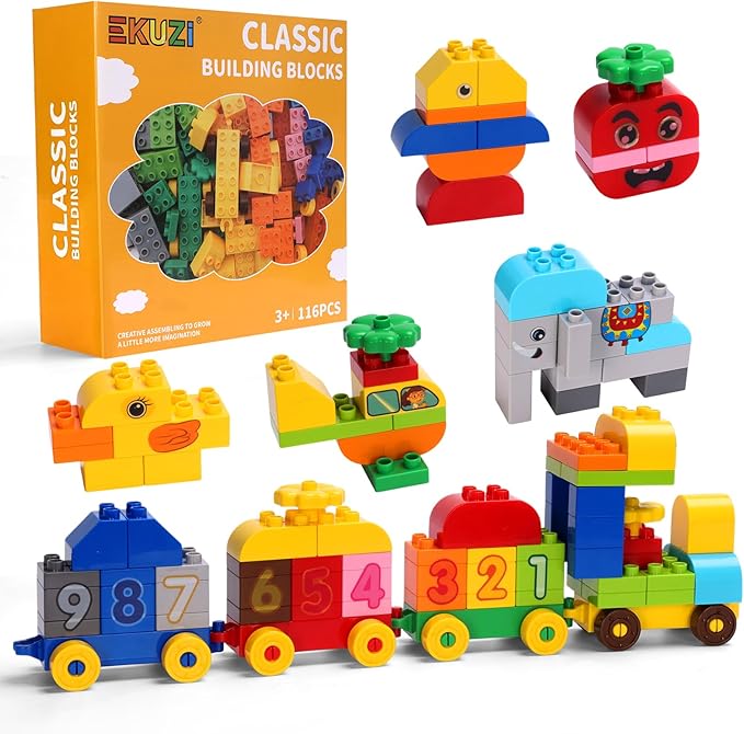 Creative Building Blocks - 116 Pieces Large-Size Blocks Build Train Animal Ideal STEM Toy for 3 Year Old Kids