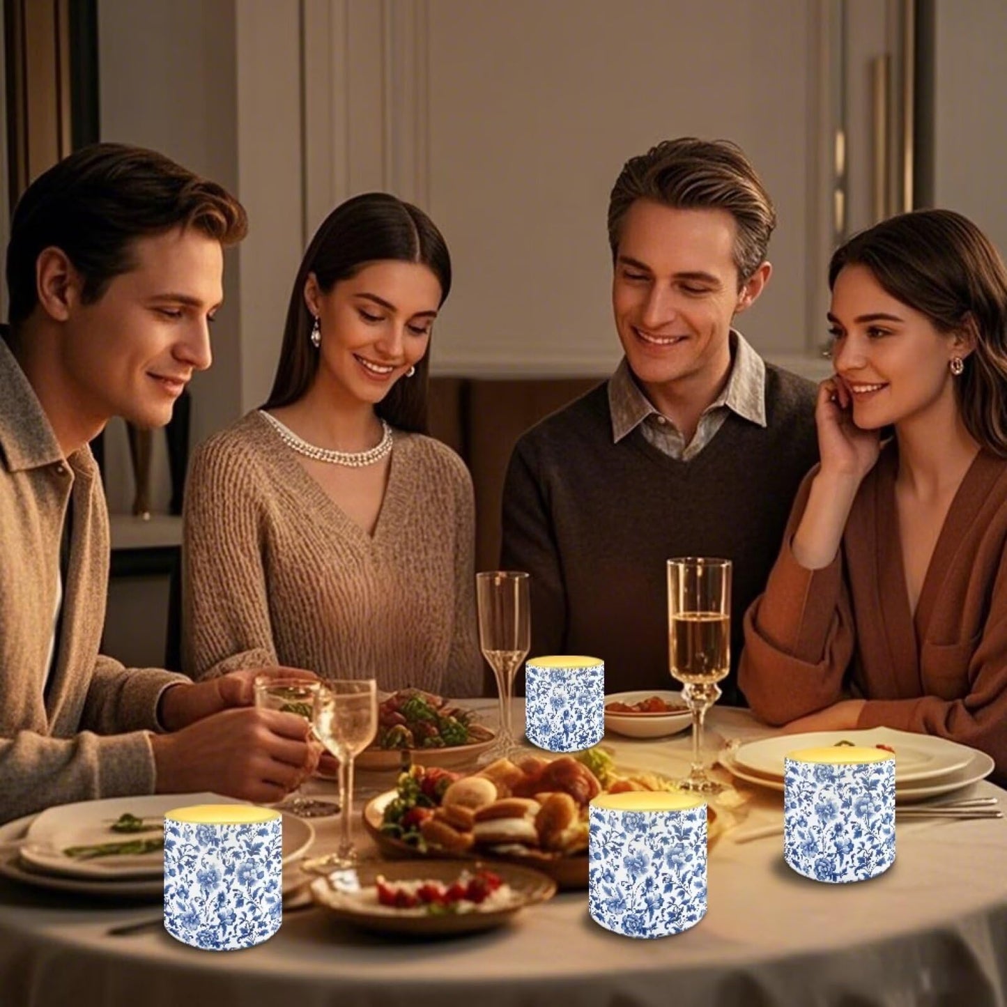 Poceacles Flickering LED Candles Set of 4 with Remote Control, Battery-Powered Flameless Candles Decorative Tealights for Party Indoor Outdoor Decor, Blue Floral Retro