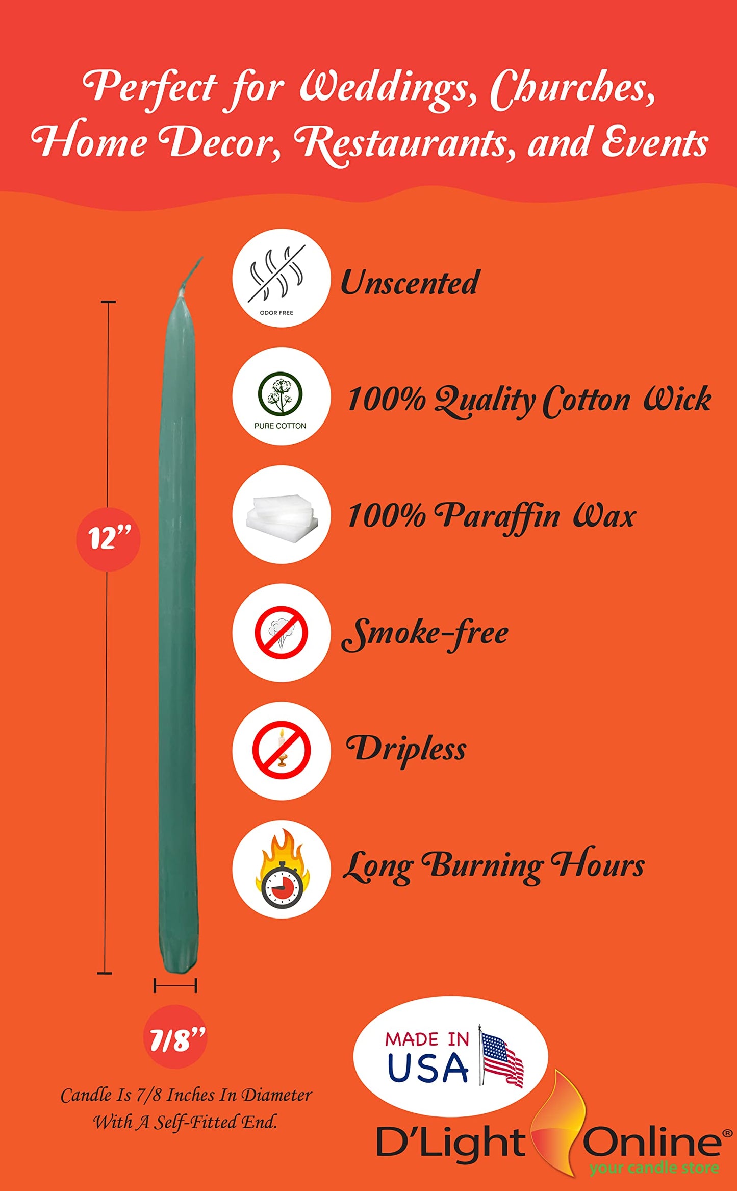 D'light Online Elegant 12" Taper Candles Premium Quality Candles, Hand-Dipped Tapers, Dripless and Smokeles - Set of 12 Individually Wrapped (12 Inch, Sea Breeze Green)