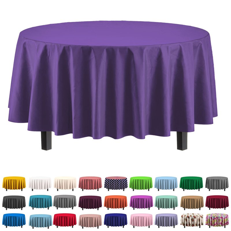 Exquisite Party Solids 6-Pack Premium Plastic Tablecloth 84in. Round Plastic Table Cover - Purple