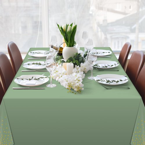 FunnyPars 1 Pack Sage Green and Gold Plastic Tablecloth, Green Disposable Table Cloth for Rectangle Tables, Gold Dot Light Green Tablecloth for Baby Shower Birthday Wedding Party Decorations, 54"x108"
