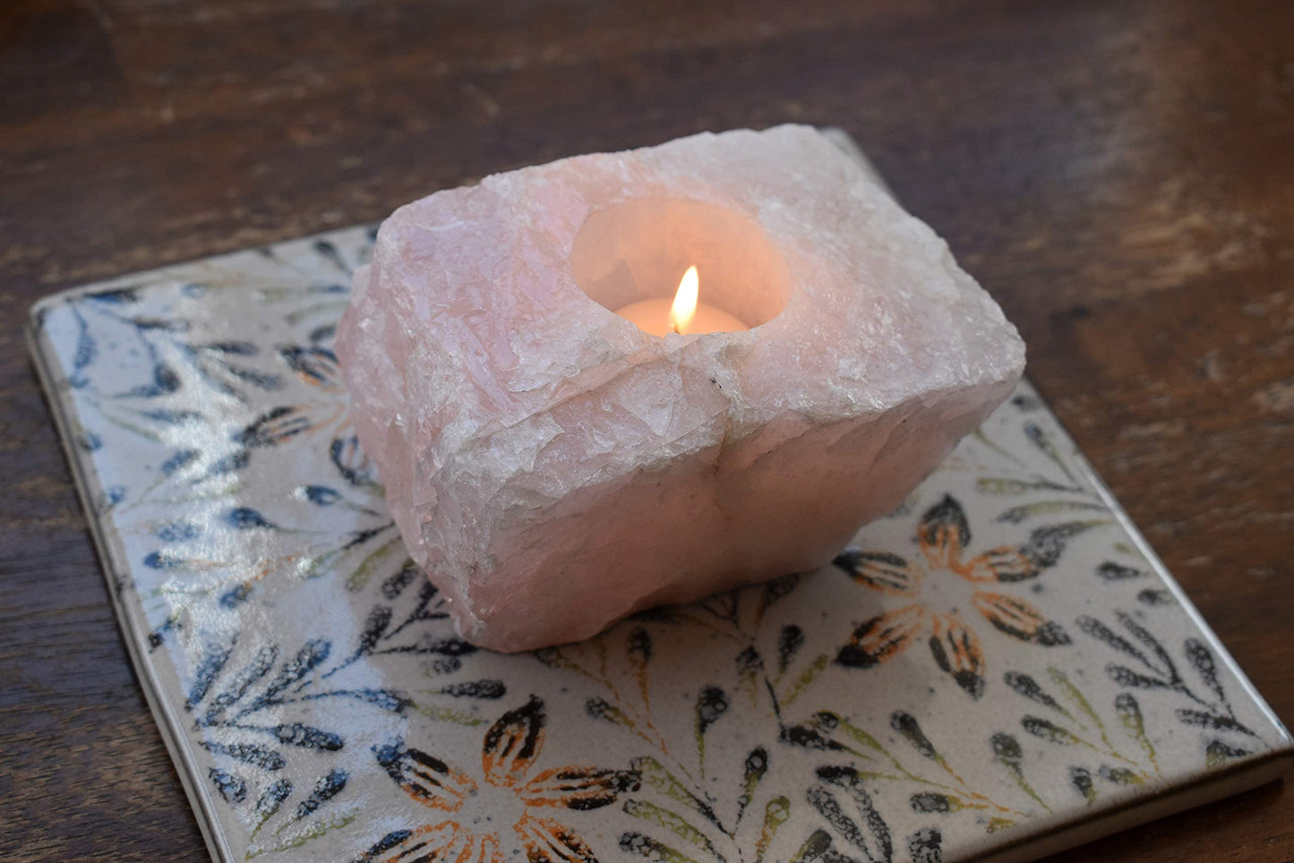 Nature’s Decorations Tealight Candle Holder - Real Rose Quartz Natural Stone Crystal Perfect for Home & Kitchen Geode Decor, and Centerpieces, Ideal as Candlestick Holder, 3 x 3 x 1.5 Inches