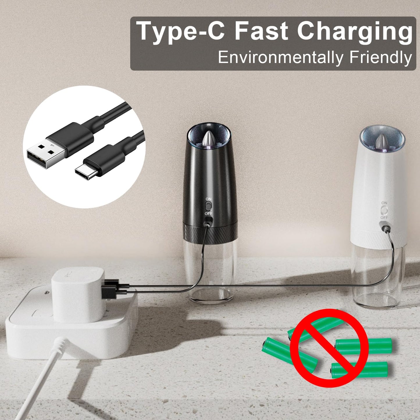 QTDHG Electric Salt and Pepper Grinder Set Rechargeable Gravity Pepper and Salt Mill Grinder Set Type-C Fast Charging, Adjustable Coarseness, Large Capacity with LED Light (Black White-2pcs)