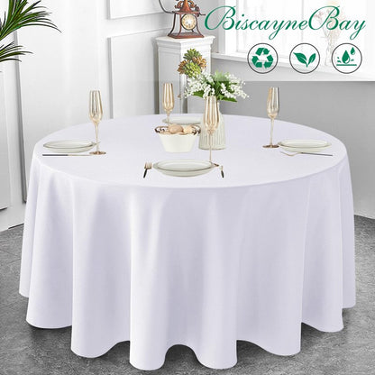 Biscaynebay 2 Pack Textured Fabric Round Tablecloths 60'' for Tables diameters from 28" to 48", White Table Cloth Water Resistant Small Circle Folding Table Covers for Dining Kitchen Wedding Parties