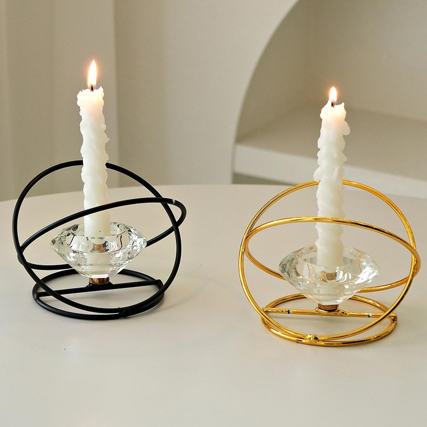 Modern Geometric Candle Holder – Metal & Crystal Design for Taper and Tealight Candles – Tabletop Home Decor (Candle Not Included) (Gold)