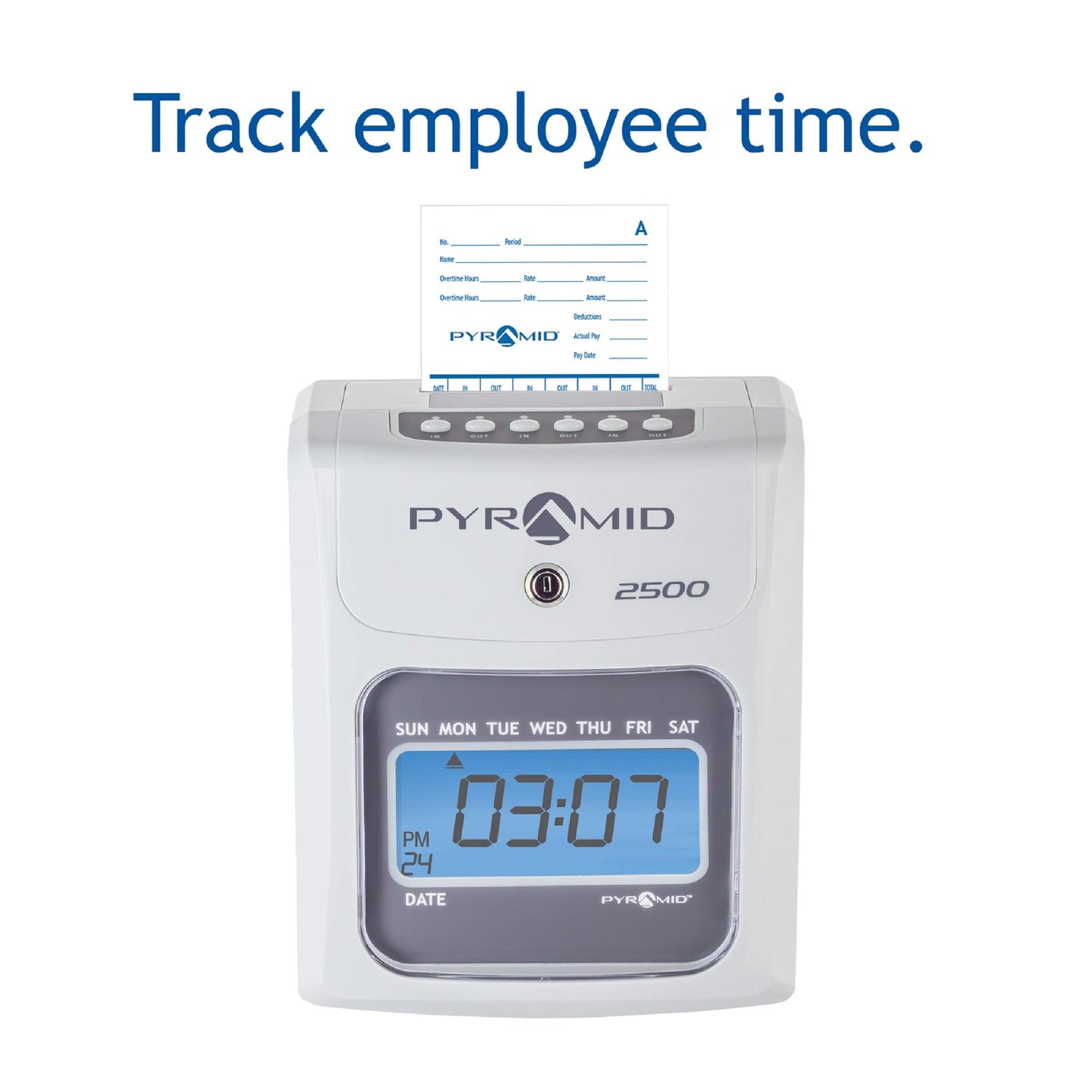 Pyramid Time Systems - 2500 Auto-Aligning Employee Time Clock Timekeeping Bundle [2500K1] for Small Business, Punch Clock System with 100 Time Cards, 2 Ribbon Cartridges, 10-Slot Rack & Security Keys
